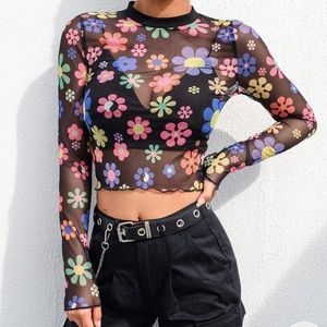 Flower Print Sheer Long Sleeve Top